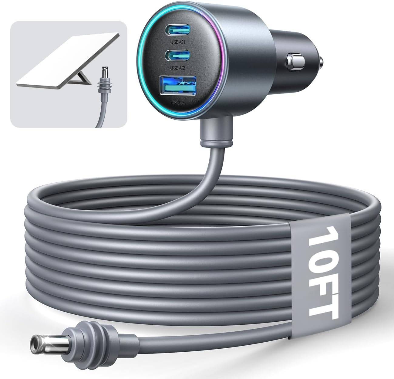 Mini Car Adapter with 10FT Cable, Dual PD 45W+USB 30W, 12V-24V Stable