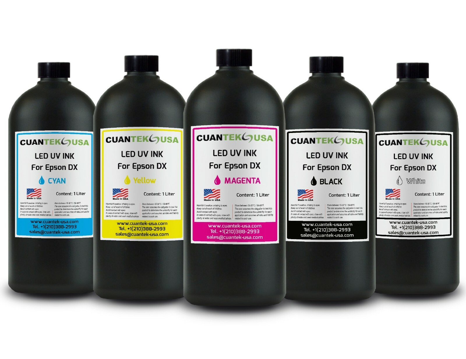 5 X 1000ml LED Curable UV Inks, CMYKW for Epson L800 i3200 DX5 XP600 MADE IN USA