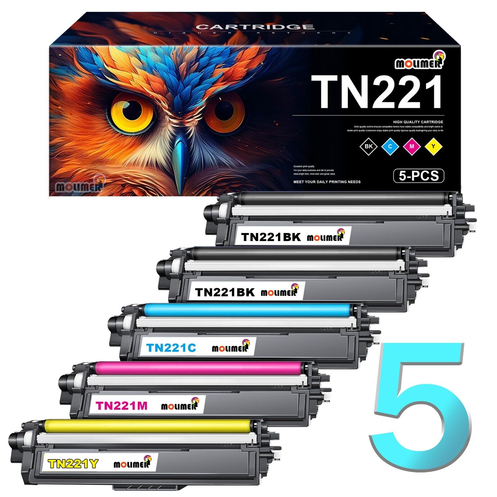TN221 Toner Cartridge Replacement for Brother HL-3140CW HL-3170CDW 3180CDW 5 PK