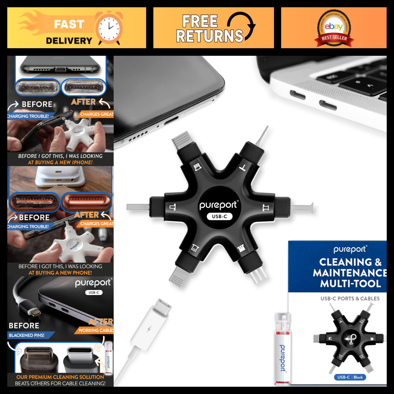USB-C Multi-Tool Kit for Repair & Cleaning Phone, Tablet, PC Ports - Black