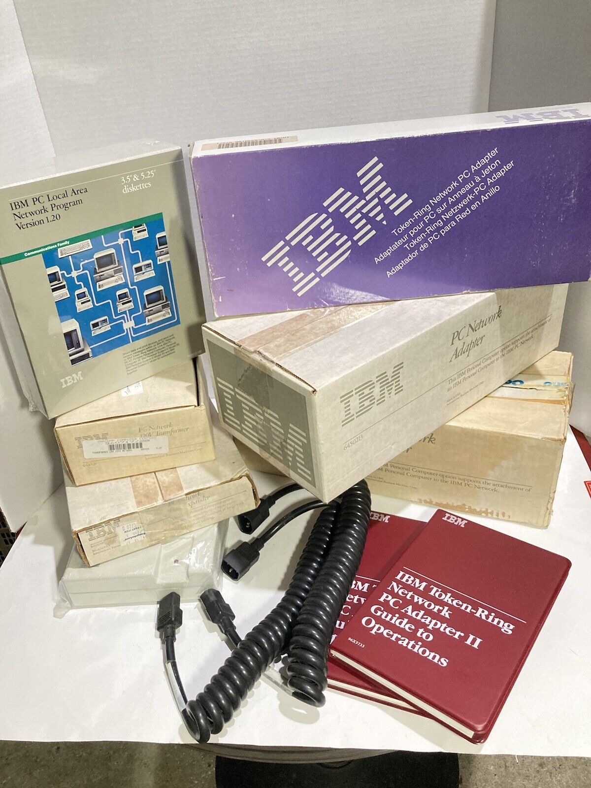 Vintage IBM Products LOT  & Computer Box, Token Ring Network Adapters and More…