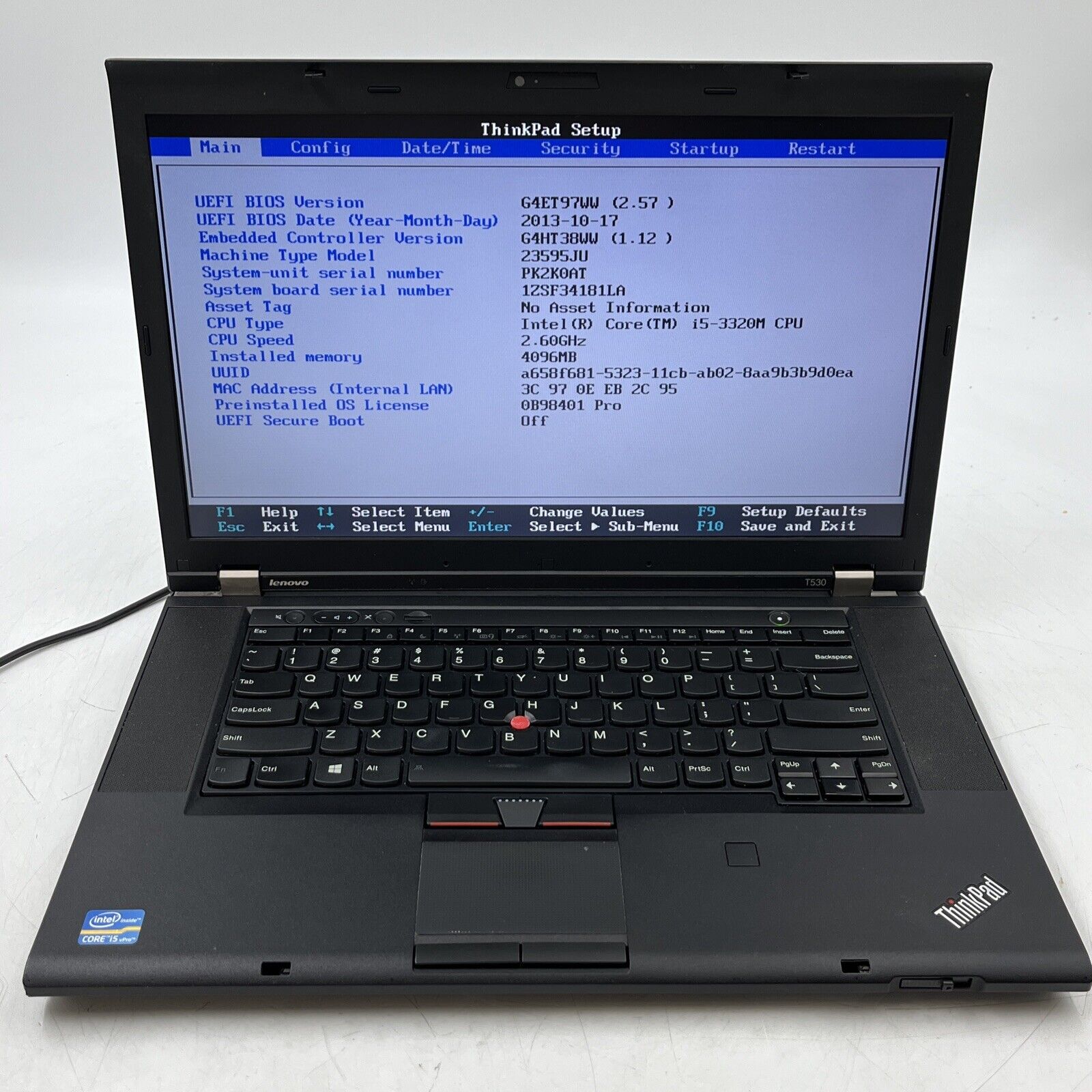 LENOVO THINKPAD T530 Laptop  i5-3320M 2.60 GHZ + 4 GB No HD. READ