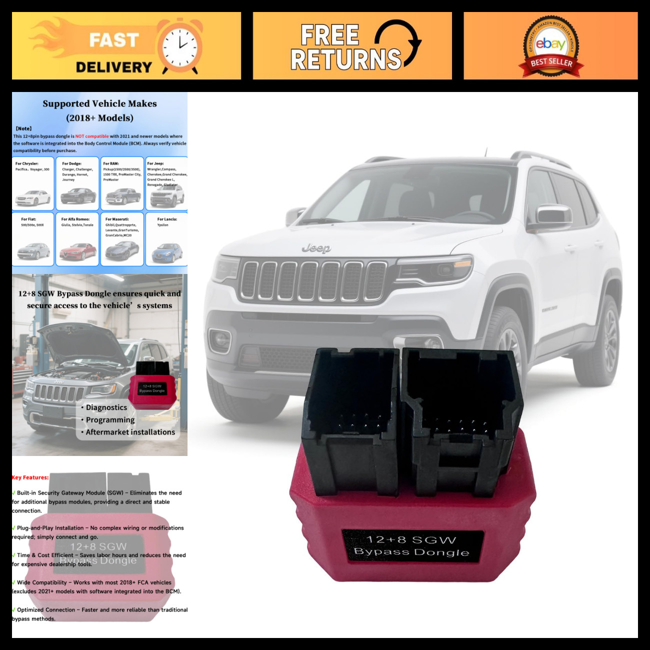 8Pin 12Pin Bypass Dongle, FCA Security Gateway Module Adapter for Vehicles
