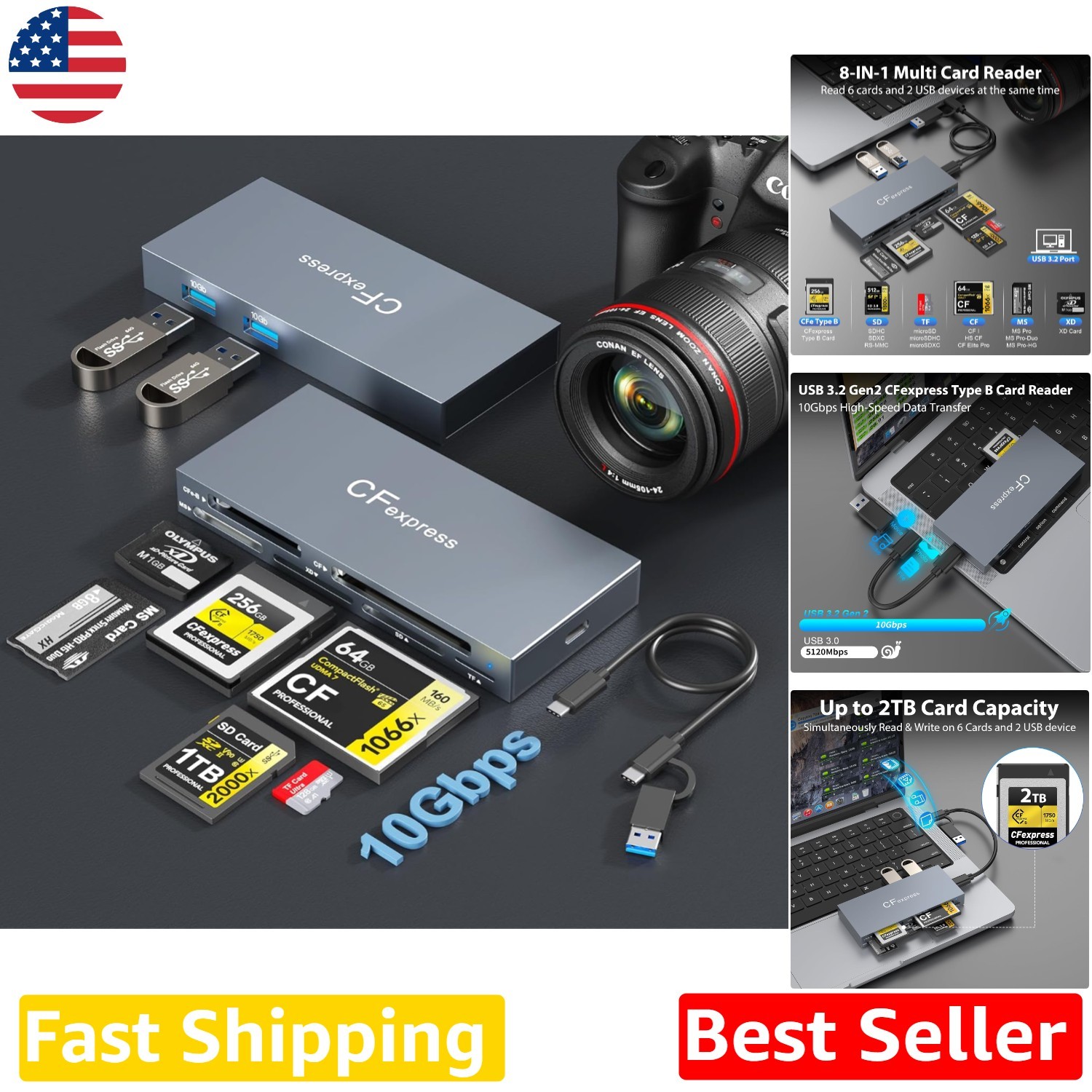 Fast 8-in-1 CFexpress Type B Card Reader: 10Gbps USB C/A, Portable Aluminum Case