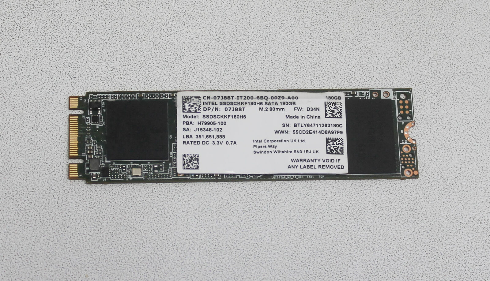 SSDSCKKF180H6 Intel SSD 180GB Dc 3.3V 0.7A M.2 80Mm Solid State Drive \