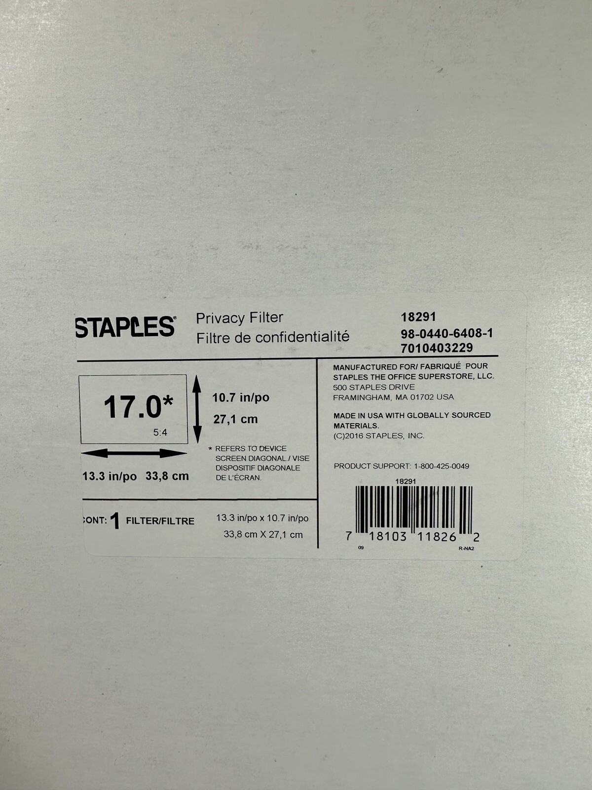 Staples 18291 Privacy Filter for Laptop, 17" Standard (5:4)