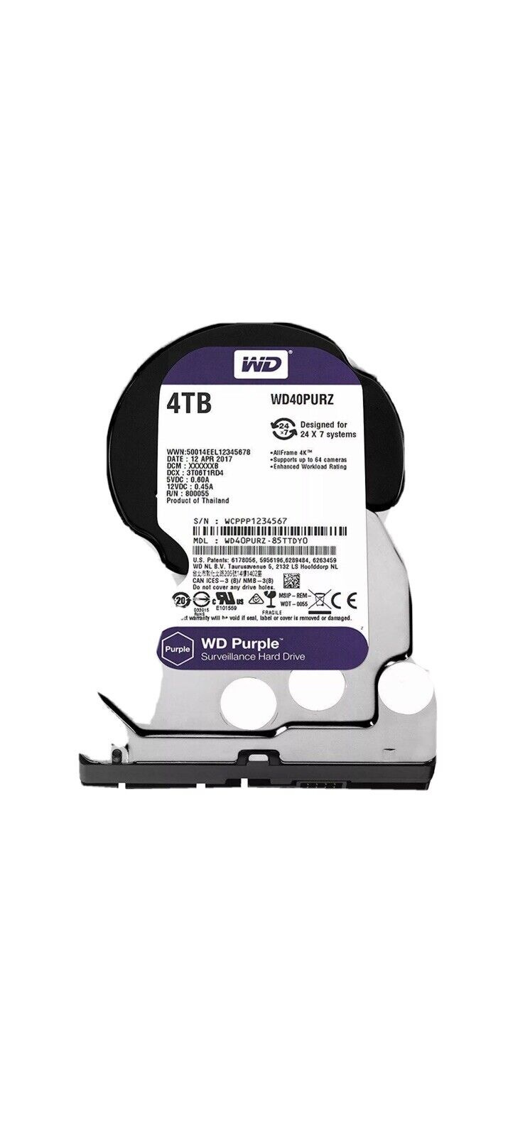 WD WD40PURZ Purple 4TB Surveillance Hard Drive SATA