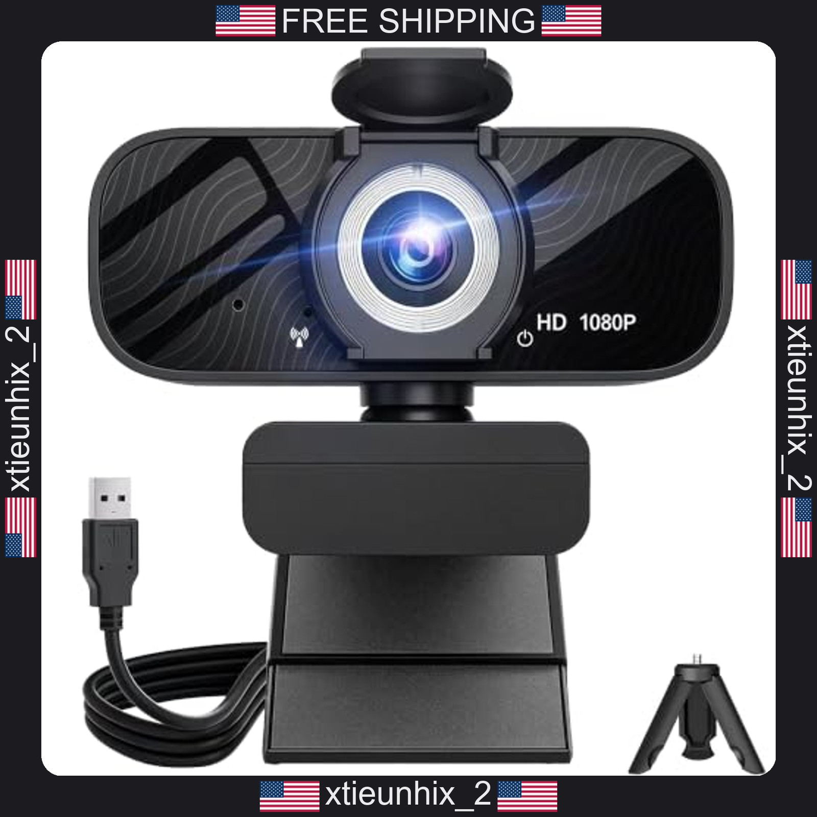 Webcam Full HD 1080P with Microphone, Privacy Cover, Wide Angle, Tripod Mount