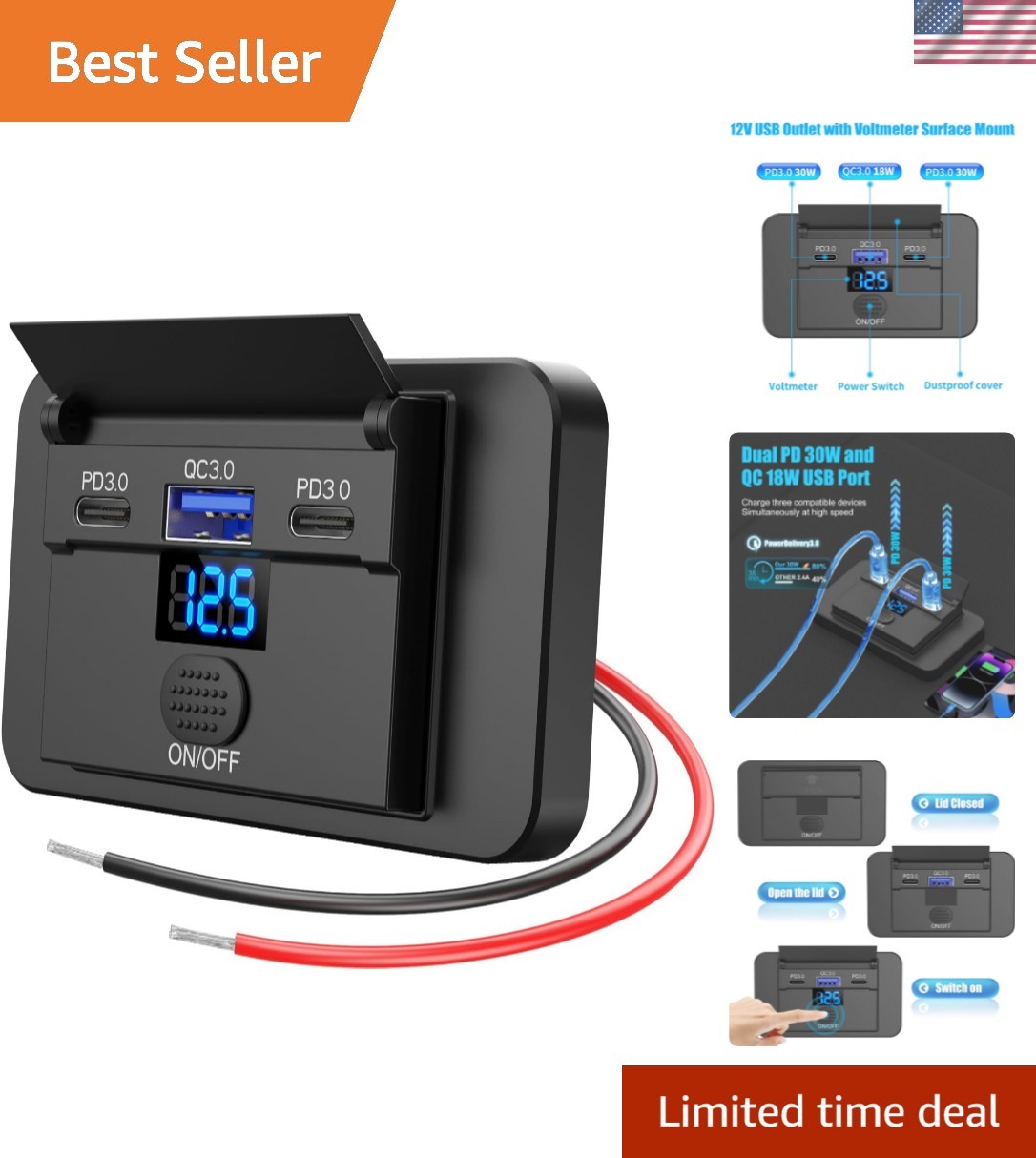 3 Port 12V USB Outlet Surface Mount Lightweight with Voltmeter, Dual USB C 30...