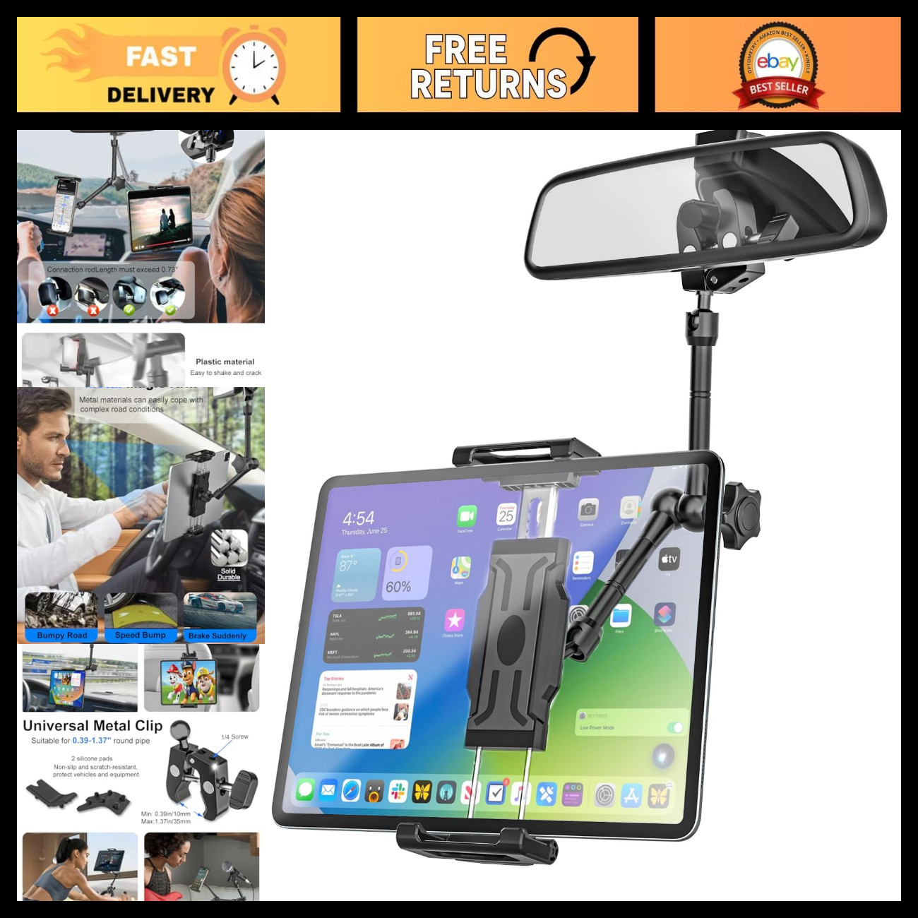 Universal Rearview Mirror Tablet Holder - Metal Clip Mount for 5.5-15.6” Devices