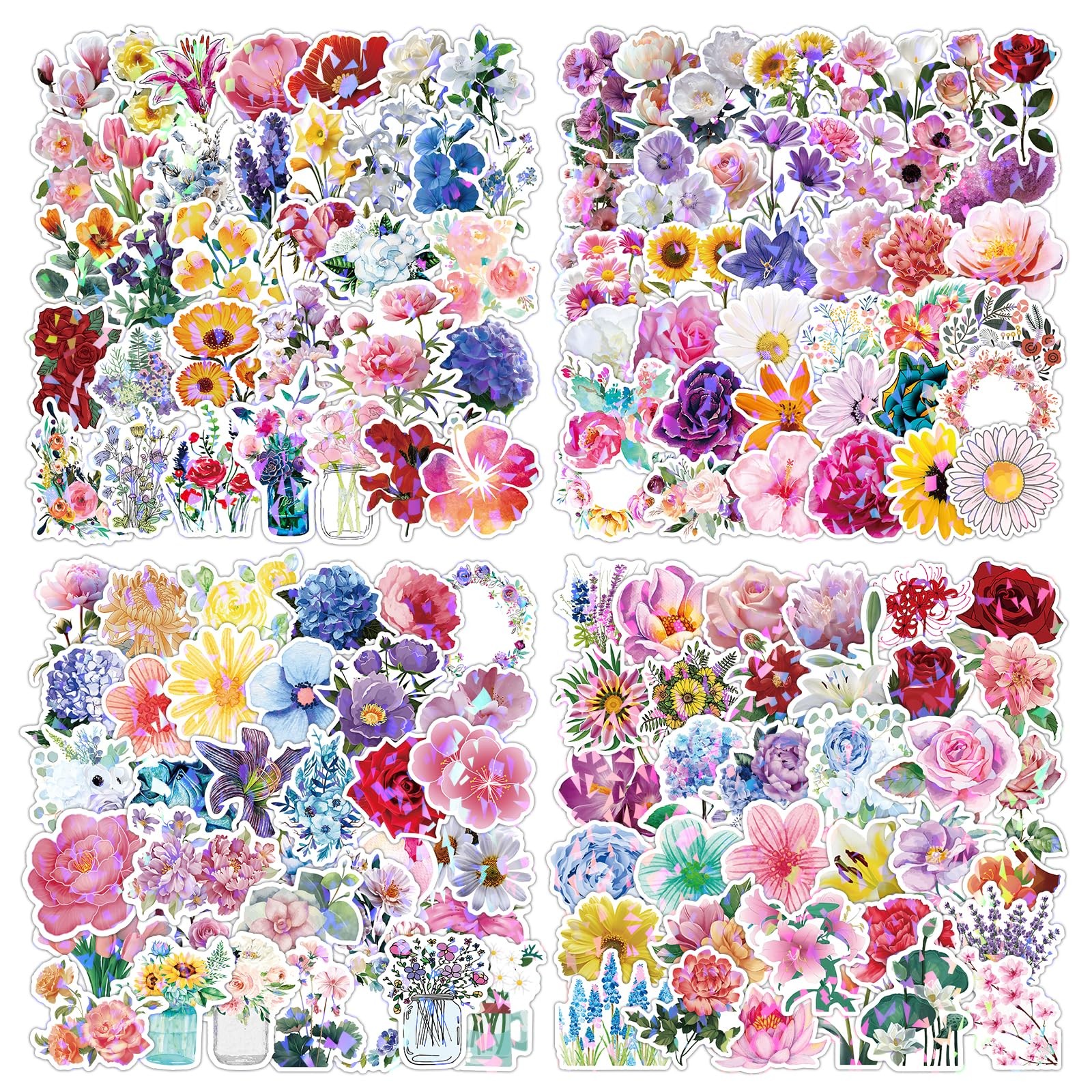 200Pcs Holographic Flower Stickers Pack, Sparkly Aesthetic Floral Pink
