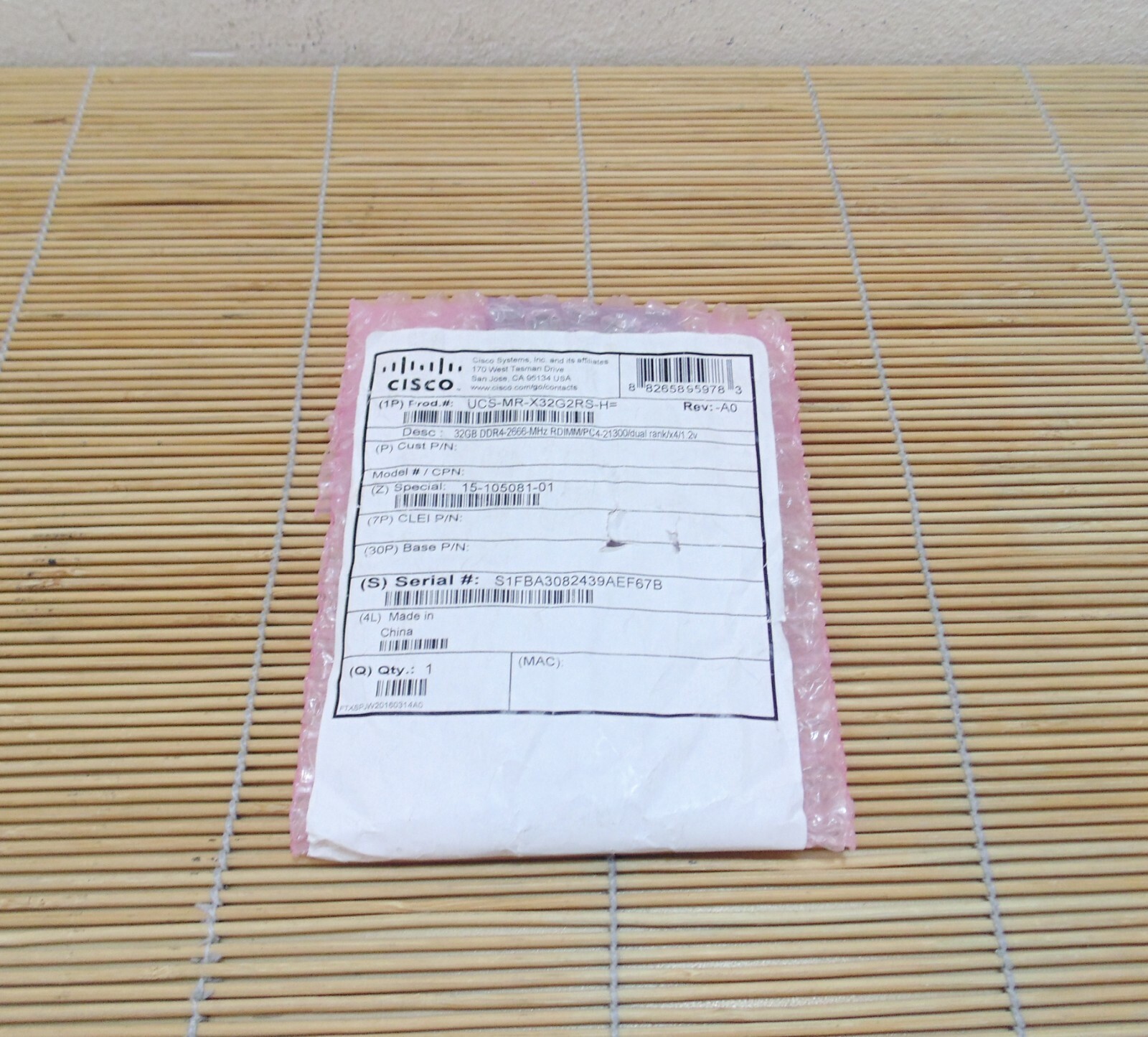 New Cisco UCS-MR-X32G2RS-H 32GB DDR4-2666-MHz RDIMM PC4-21300 Dual Rank x4 New