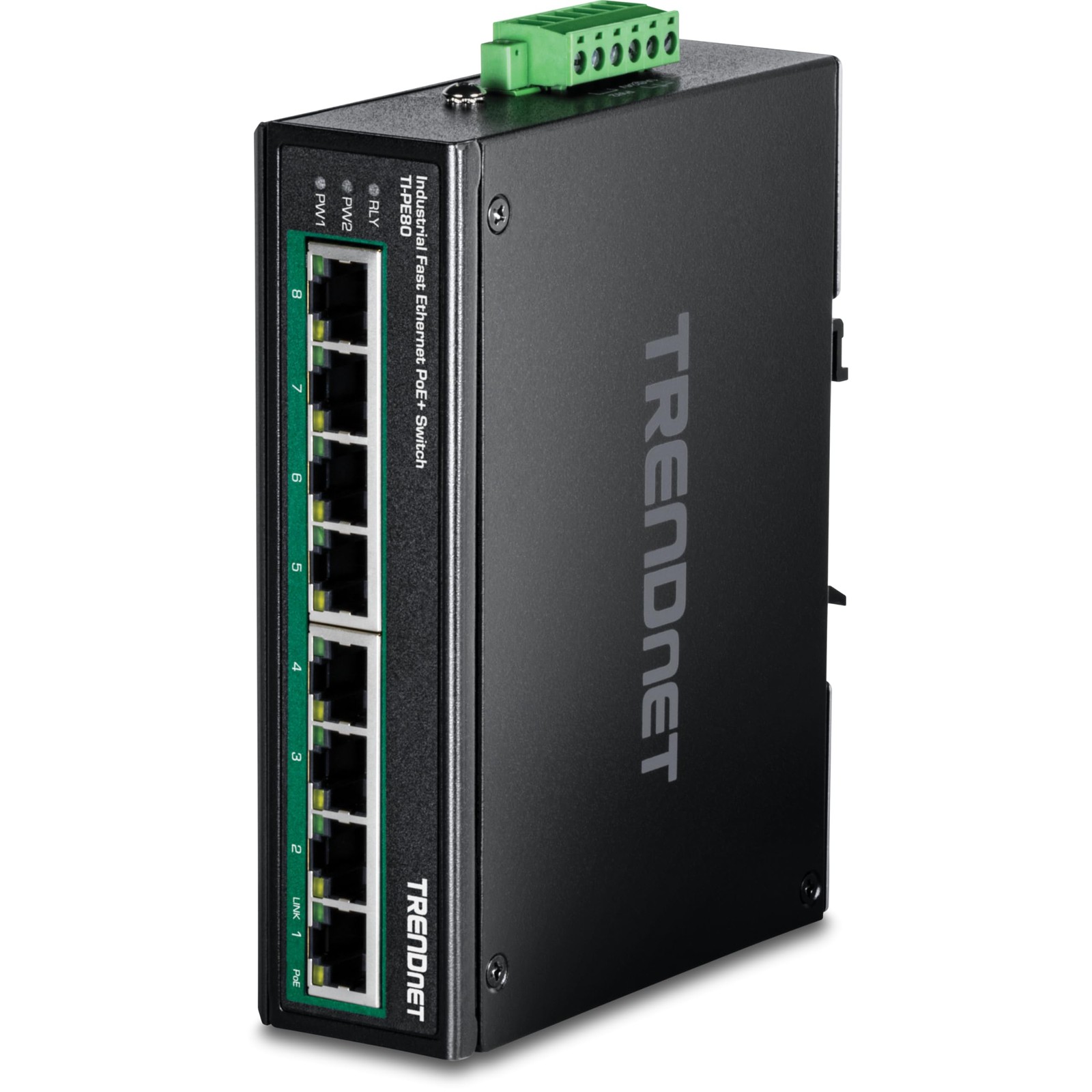 TRENDnet 8-Port Industrial Unmanaged Fast Ethernet PoE+ DIN-Rail Black