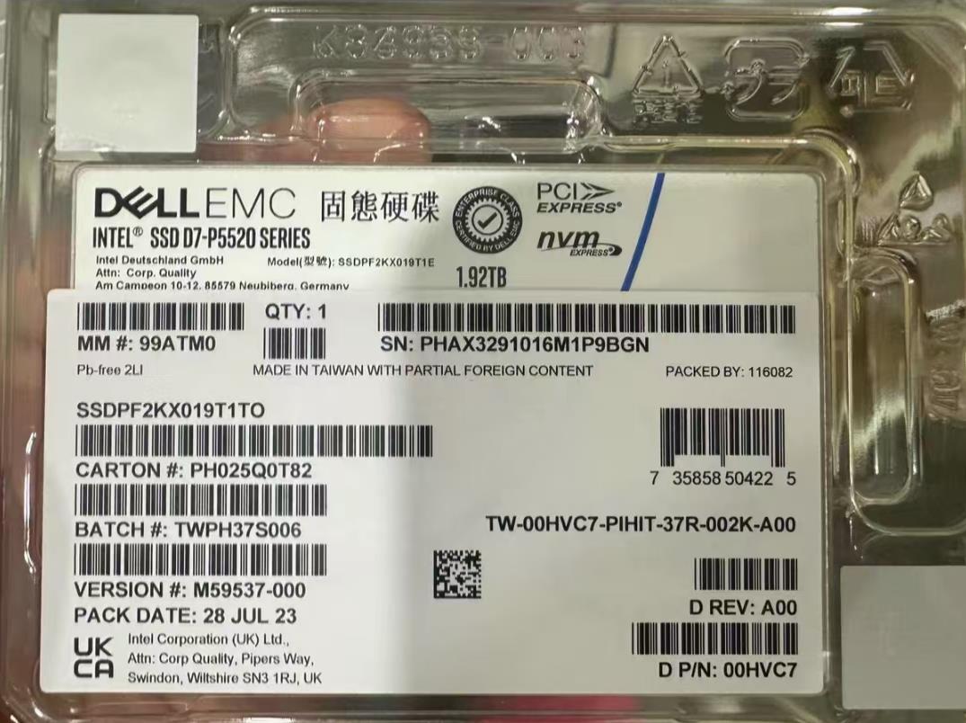 New Intel P5520 1.92TB SSD DELL EMC 2.5" NVME PCIe U.2 SSDPF2KX019T1TO