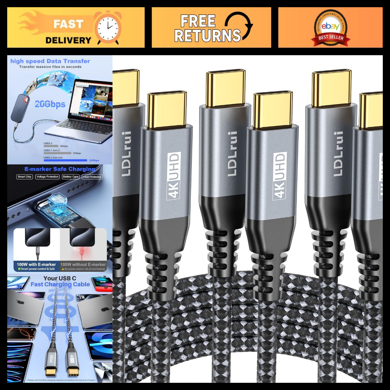 4K USB C Display Cable 6FT 3-Pack, 20Gbps Data Transfer, 100W Power Delivery