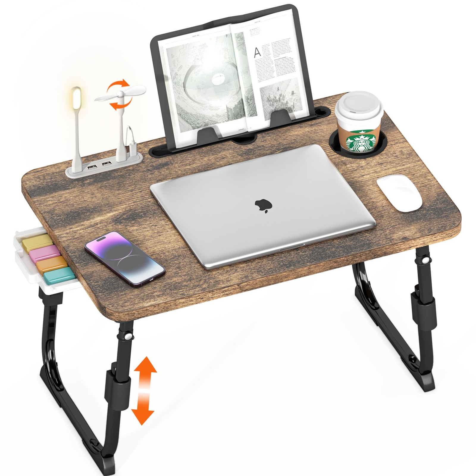 Height Adjustable Laptop Desk Bed Lap Table USB/Storage Foldable Carbonized