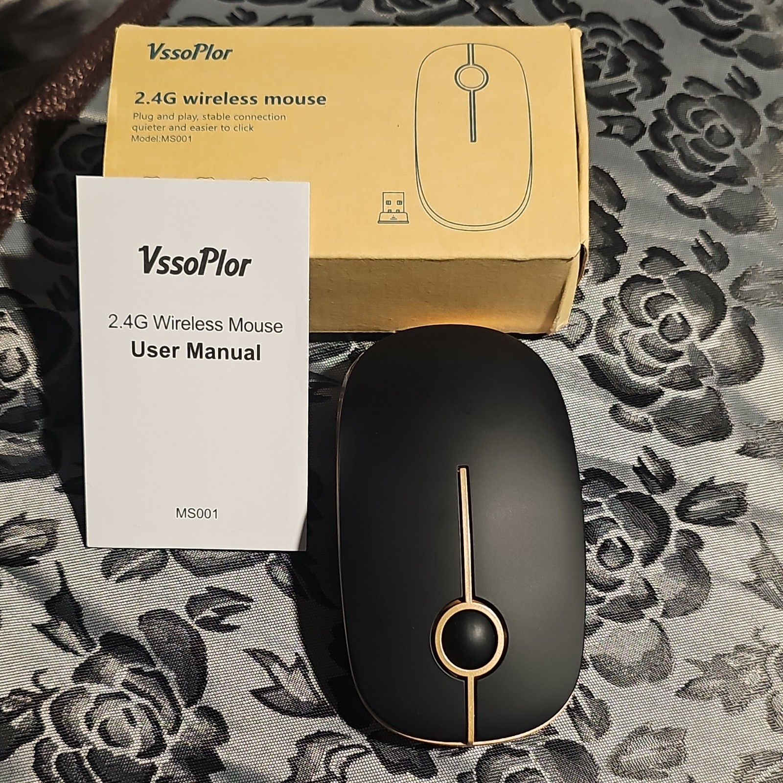Vssoplor MS001 Wireless Optical Mouse Black Gold Silent 2 Buttons Standard