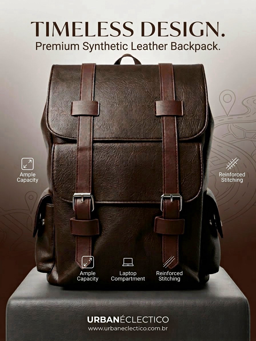 Synthetic Leather Brown Backpack 16 in Laptop, Water-Resist