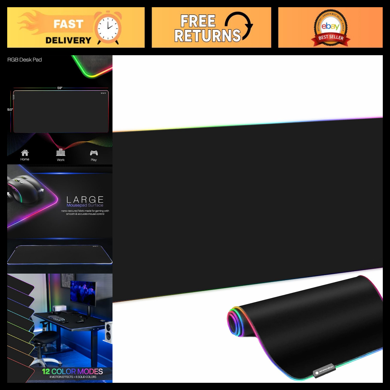 Large RGB Desk Pad 60x30 inches - Full Size Gaming/Office Mouse Mat, Non-Slip
