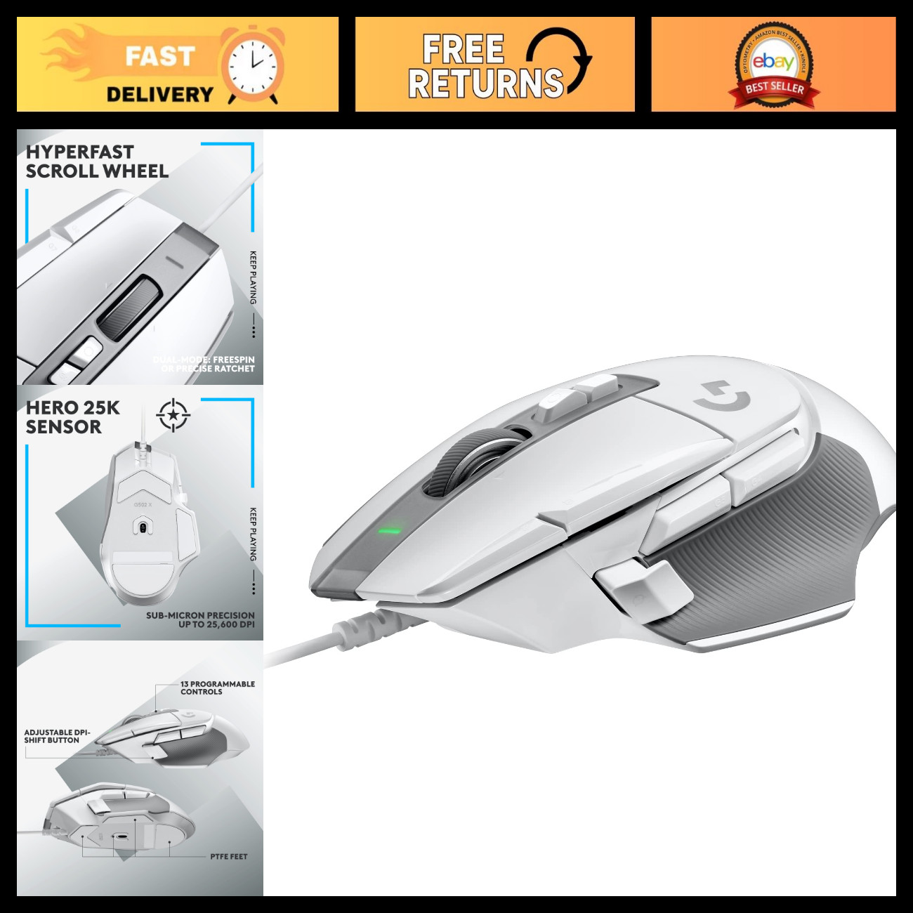 Wired Gaming Mouse - High Precision, RGB Lighting, Ergonomic Design - White