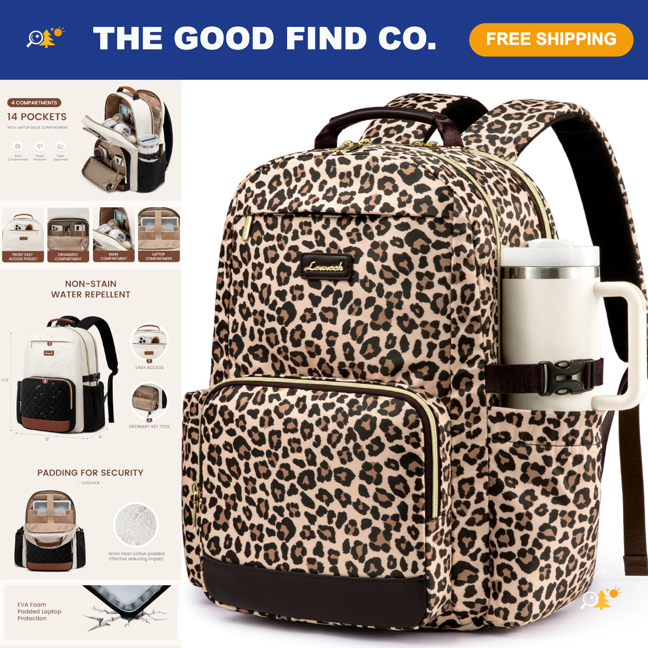 Stylish Leopard Print Laptop Backpack for Women, 15.6" Waterproof Travel Bag, La