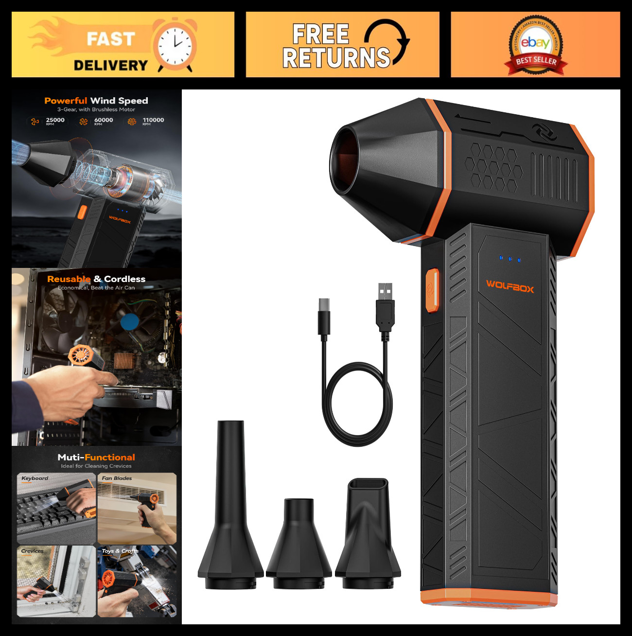 High-Power Electric Air Duster 110,000 RPM - 3-Gear Mini Blower, Fast Charging,