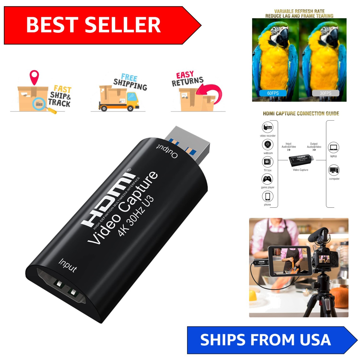 Seamless 4K HDMI Capture Card, 1080P 60FPS, USB 3.0 for Effortless Streaming