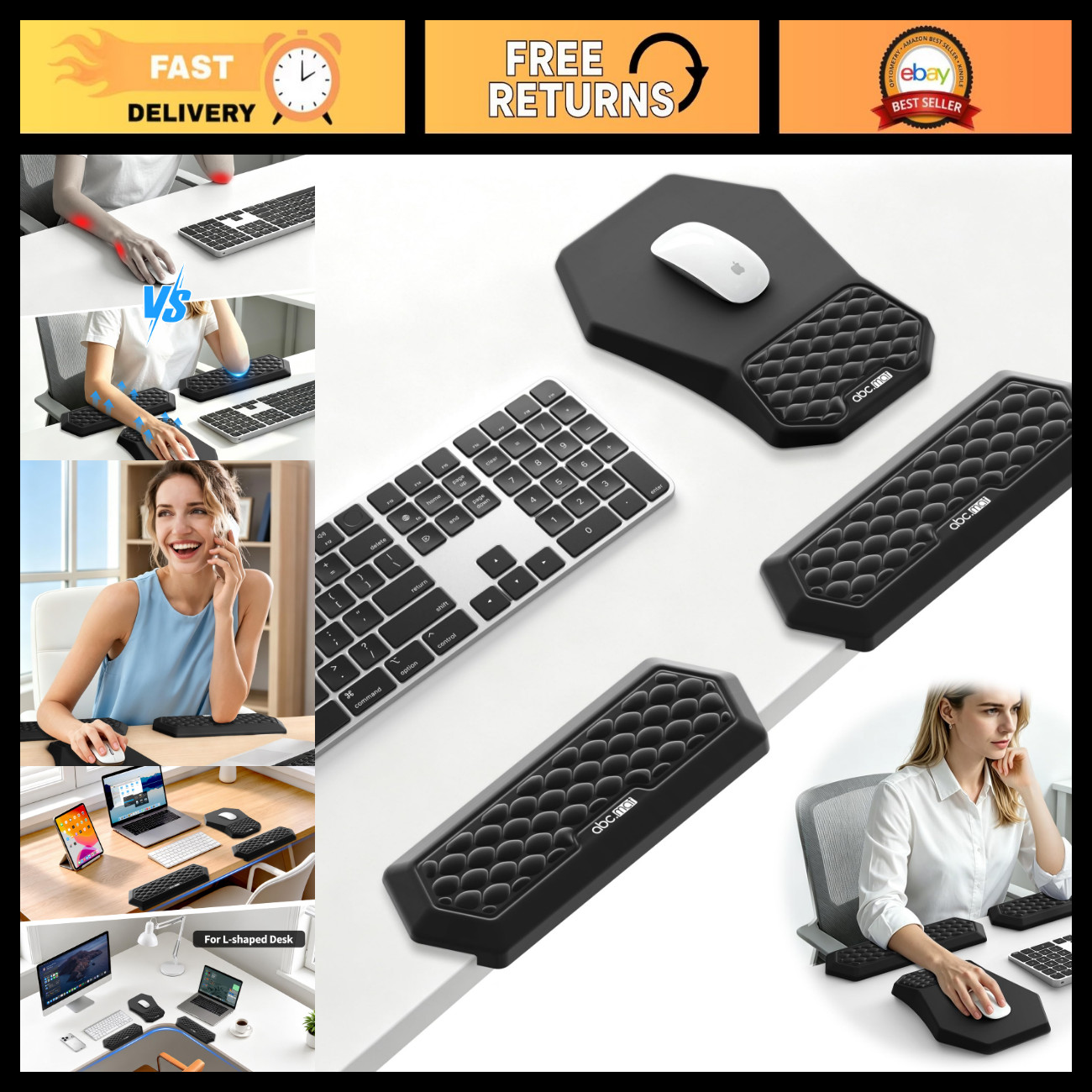 L-Shaped 2-in-1 Desk Pad Set with Elbow & Wrist Rest, Black Mouse Pad