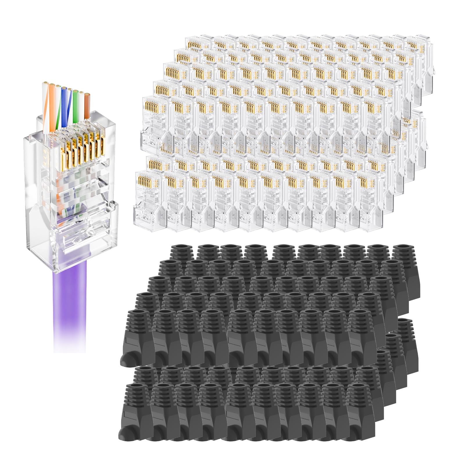 100 PCS Cat5e RJ45 Pass Through Connectors Strain Relief Boot 8P8C 24AWG UTP