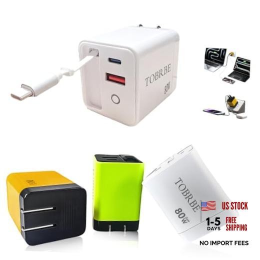 80W GaN Fast Charger with Retractable USB-C Cable 3-in-1 Wall Charger White