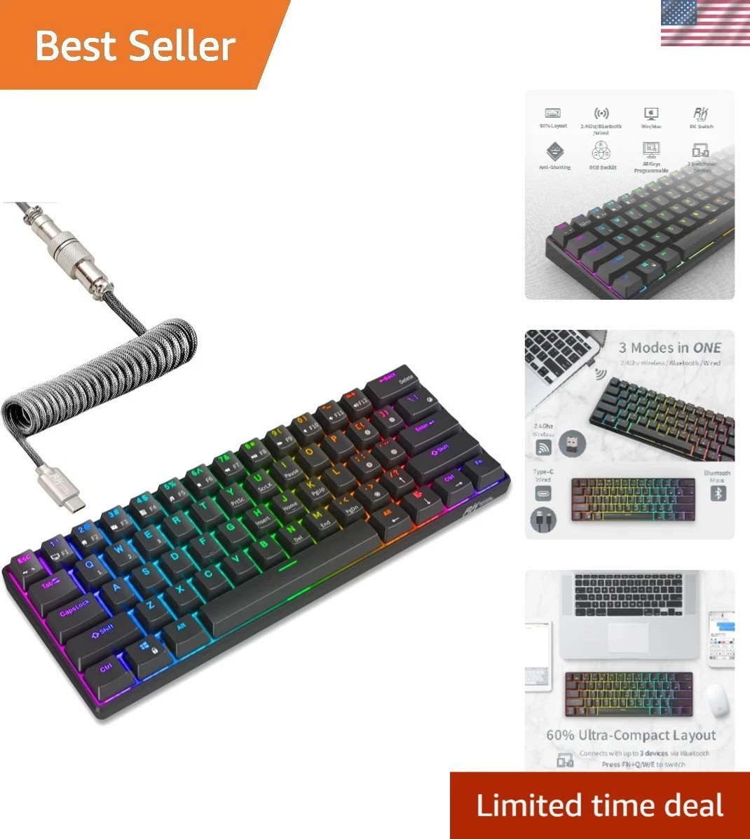 Ergonomic RK61 Wireless Gaming Keyboard - 60% Compact, Hot-Swap Red Switch