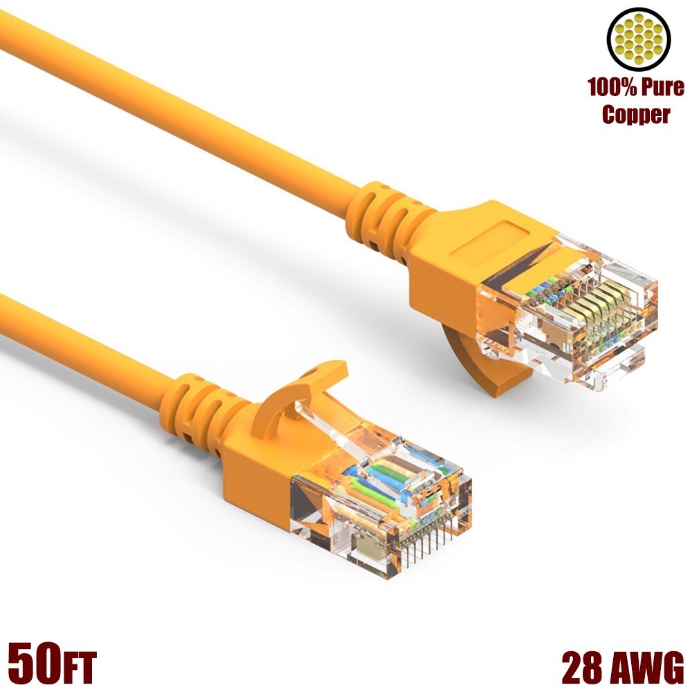 50FT Cat6A RJ45 SLIM Ethernet LAN Network UTP Patch Cable Copper 28AWG Yellow