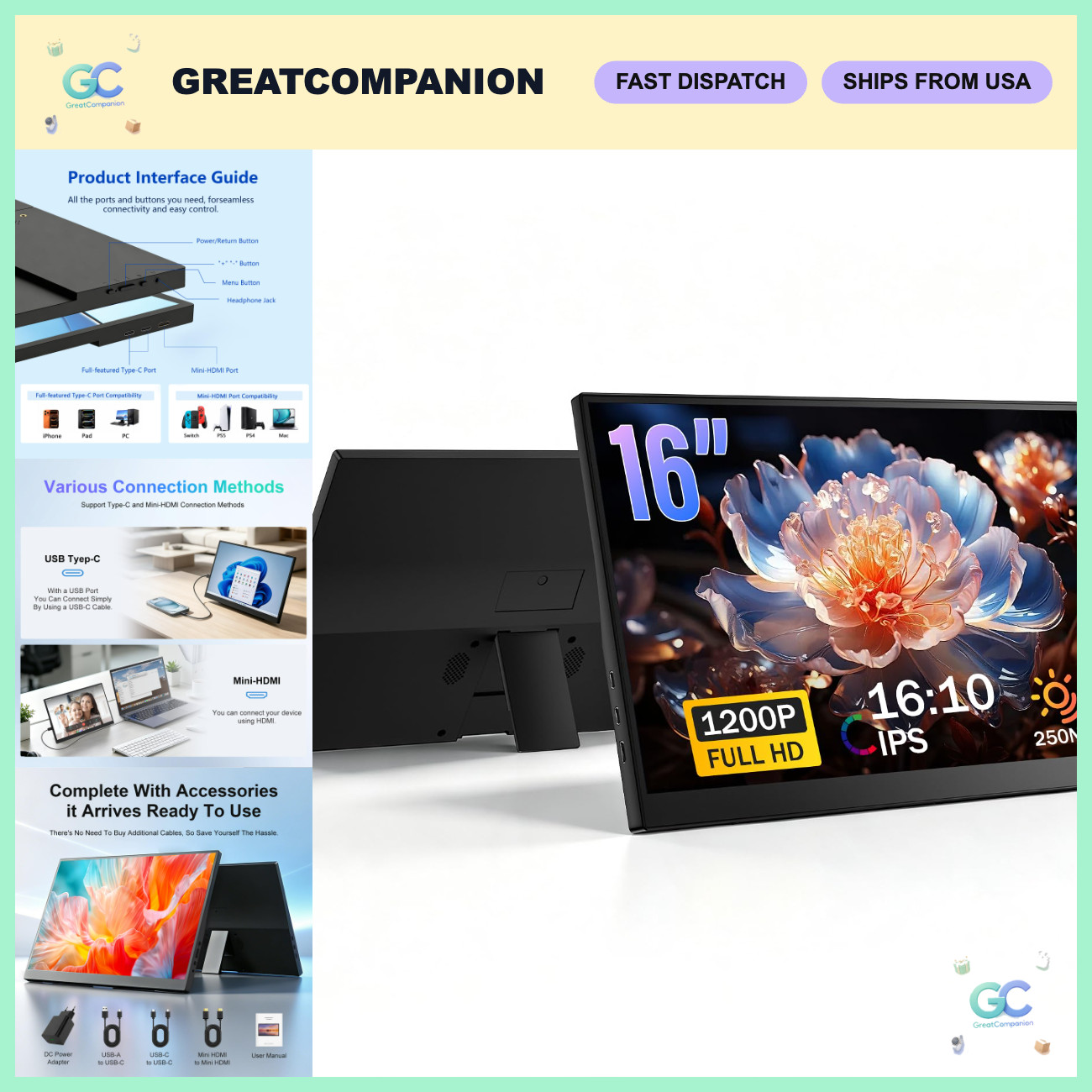 16" FHD 1200P External Laptop Monitor, USB-C/HDMI, Ultra-Thin Dual Screen, Kicks