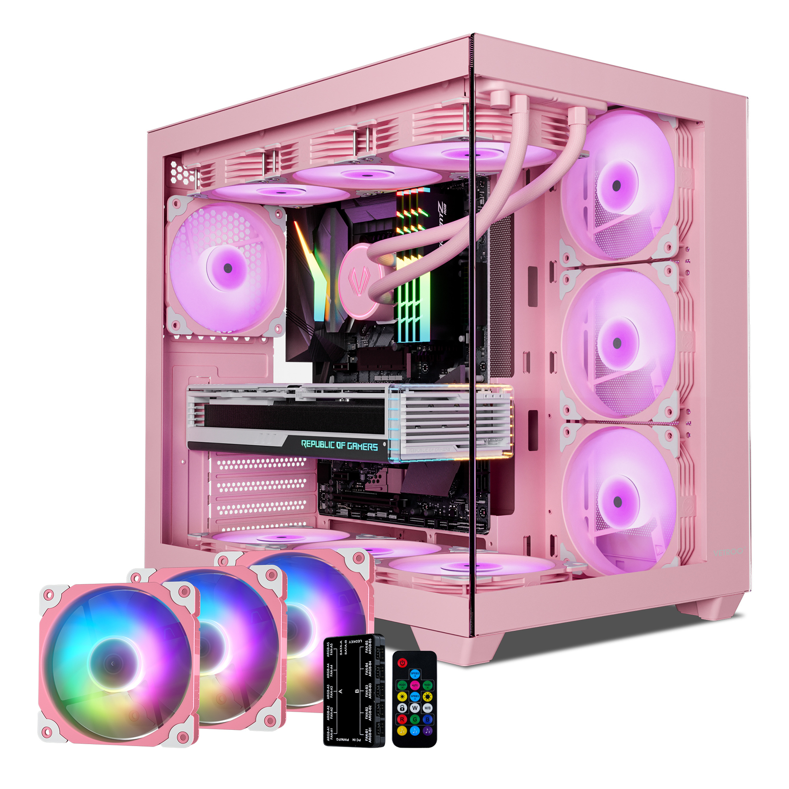Vetroo  AL900 Pink E-ATX / ATX / M-ATX Full Tower PC Case w/ 3x ARGB & PWM Fans