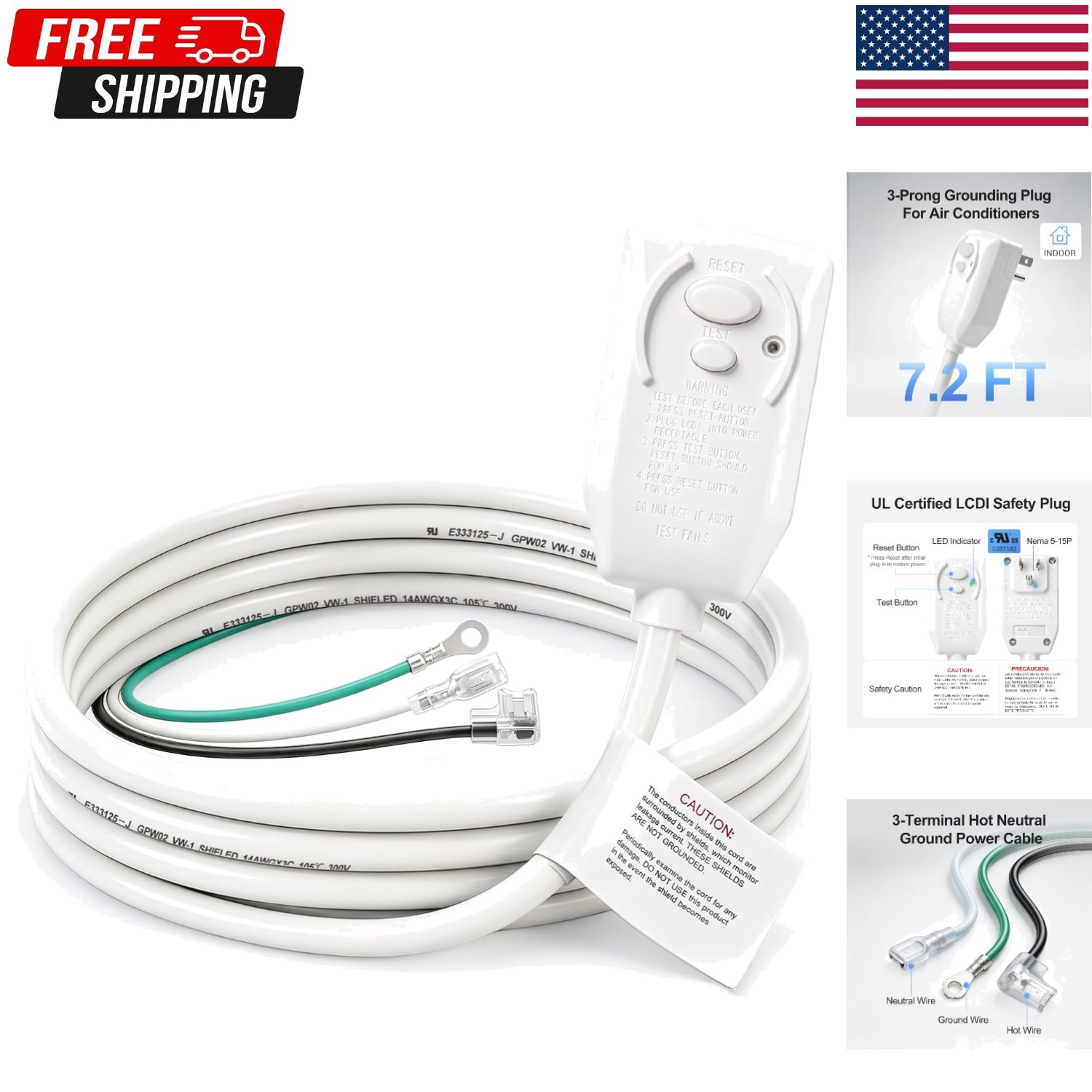 LCDI Power Cord Plug Replacement for Air Conditioner 120V 15A 7.5FT Cable
