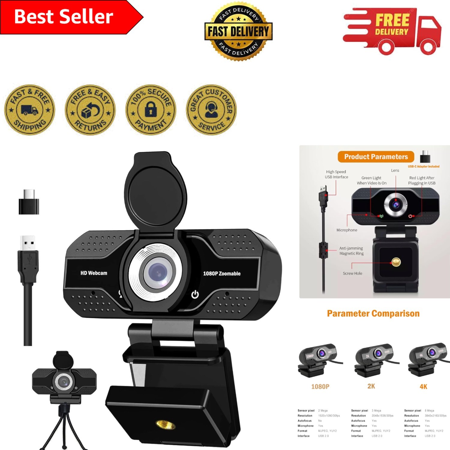 120-Degree Wide Angle 1080P Webcam with Noise Cancelling Mic & Privacy Features