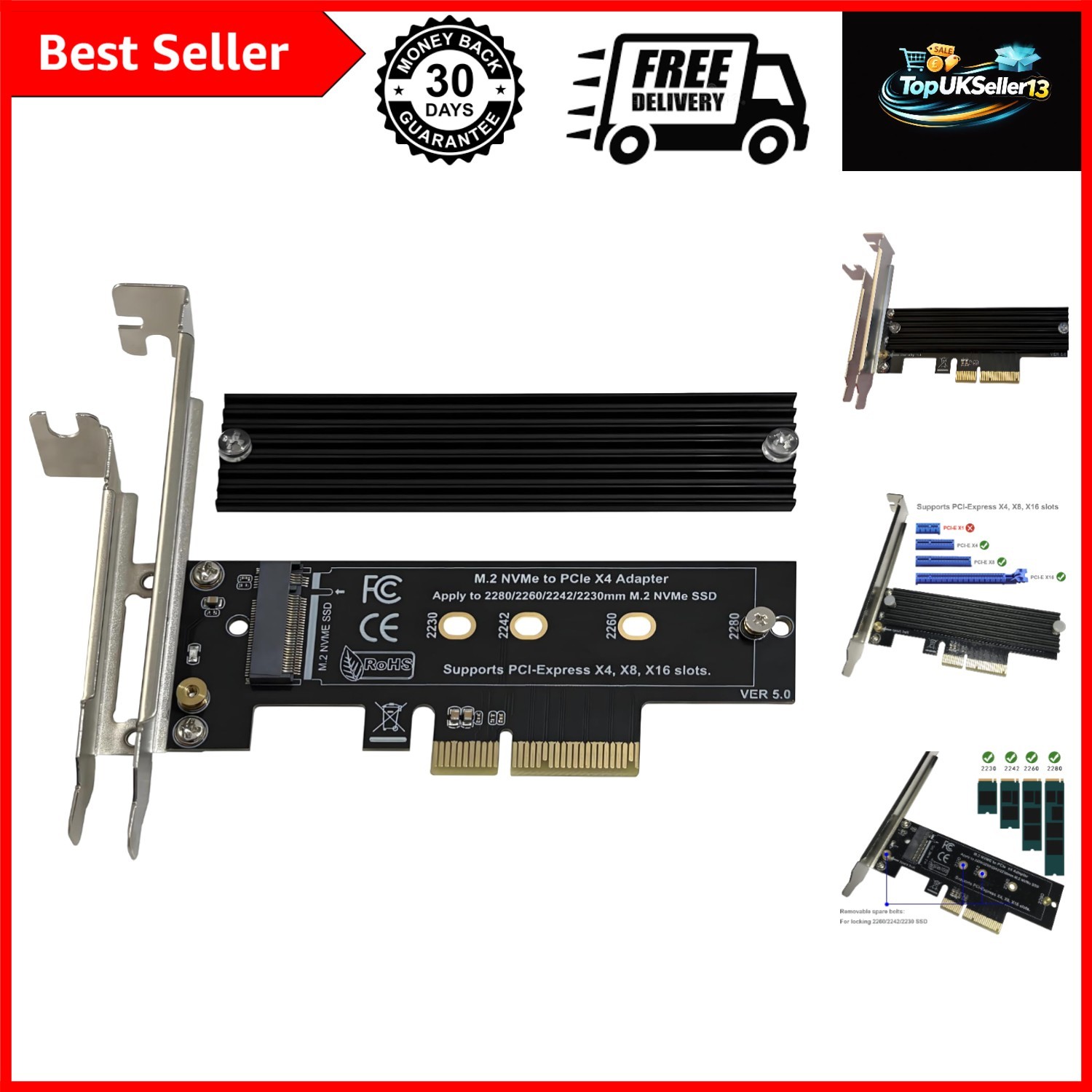 M.2 NVMe to PCIe X4 Adapter with Heatsink, For PCIe Gen4 / Gen3 NVMe SSDs