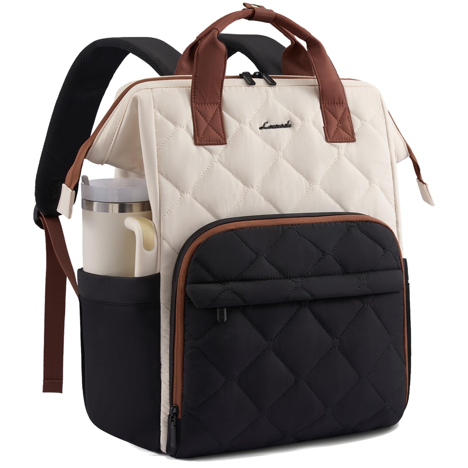 LOVEVOOK Laptop 15.6 inch-Puffer Quilted Backpack, Black-white-brown