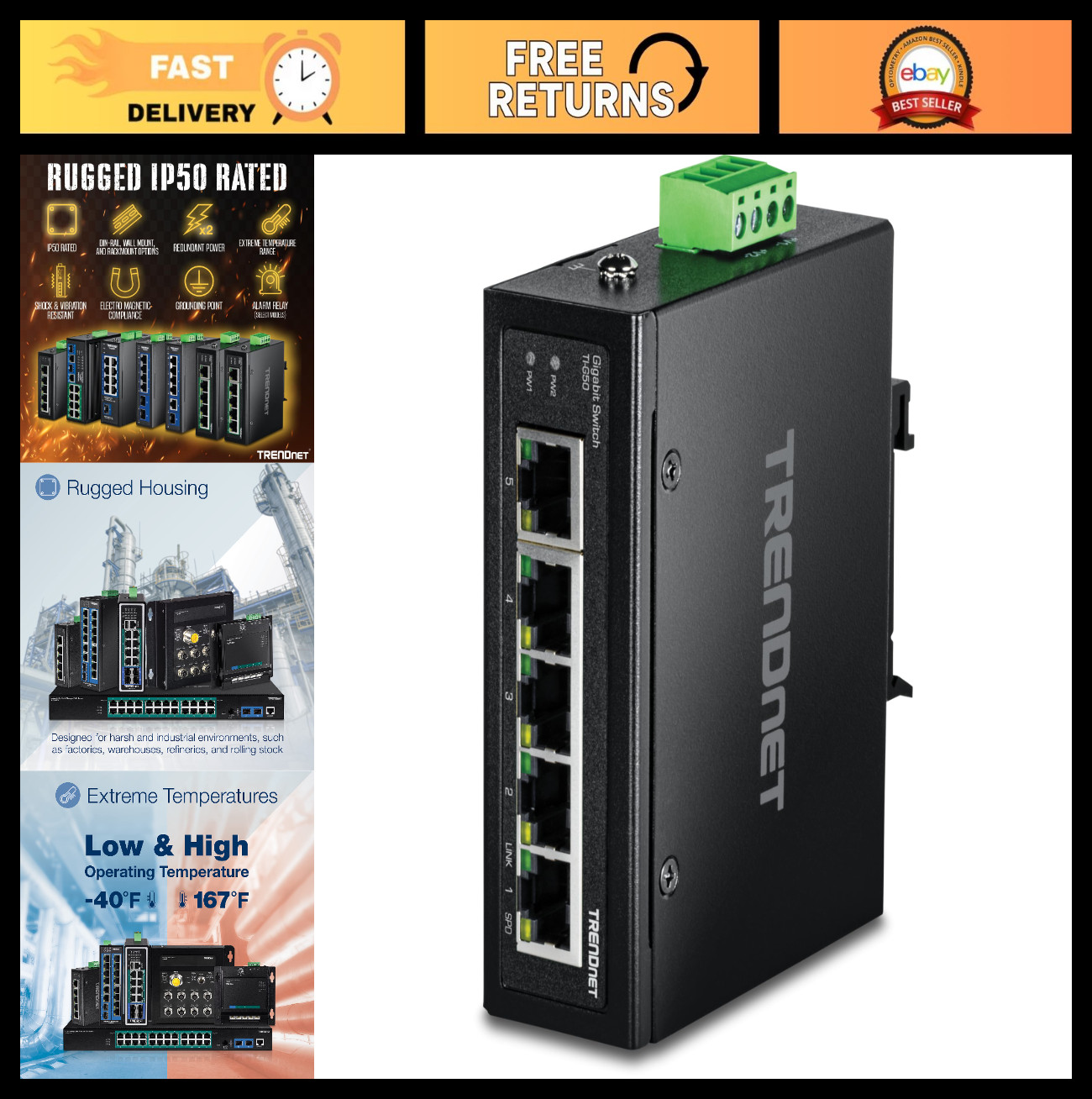 5-Port Industrial Gigabit Ethernet DIN-Rail Switch, IP50 Rated, 10Gbps Capacity,
