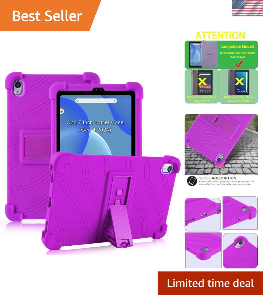 Stylish Kids Soft Silicone Case with Adjustable Stand for Onn 7 Inch Tablet