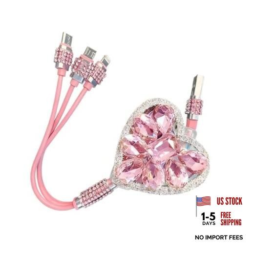 3-in-1 Car Retractable Multi Charging Cable, Rhinestone Heart Data 1 PCS Pink