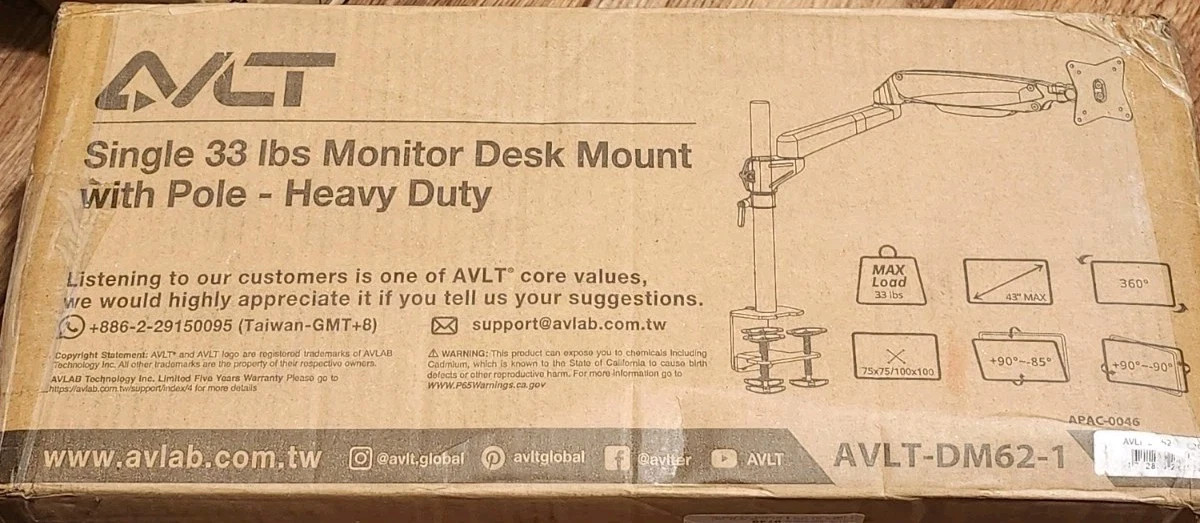 AVLT Single 33lb Monitor Desk PC Mount w Pole Heavy Duty Up To 43" AVLT-DM62-1