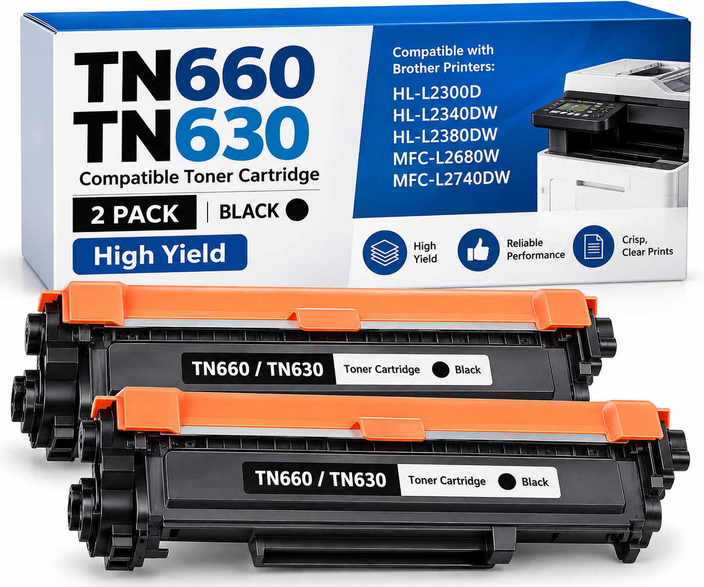2 Pack TN660 High Yield Toner Cartridge for Brother tn-630 MFC-L2700DW printer