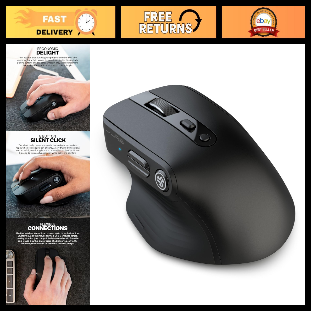 Wireless Bluetooth Mouse, USB Dongle, Multi-Device, Adjustable Tracking, Full-Si