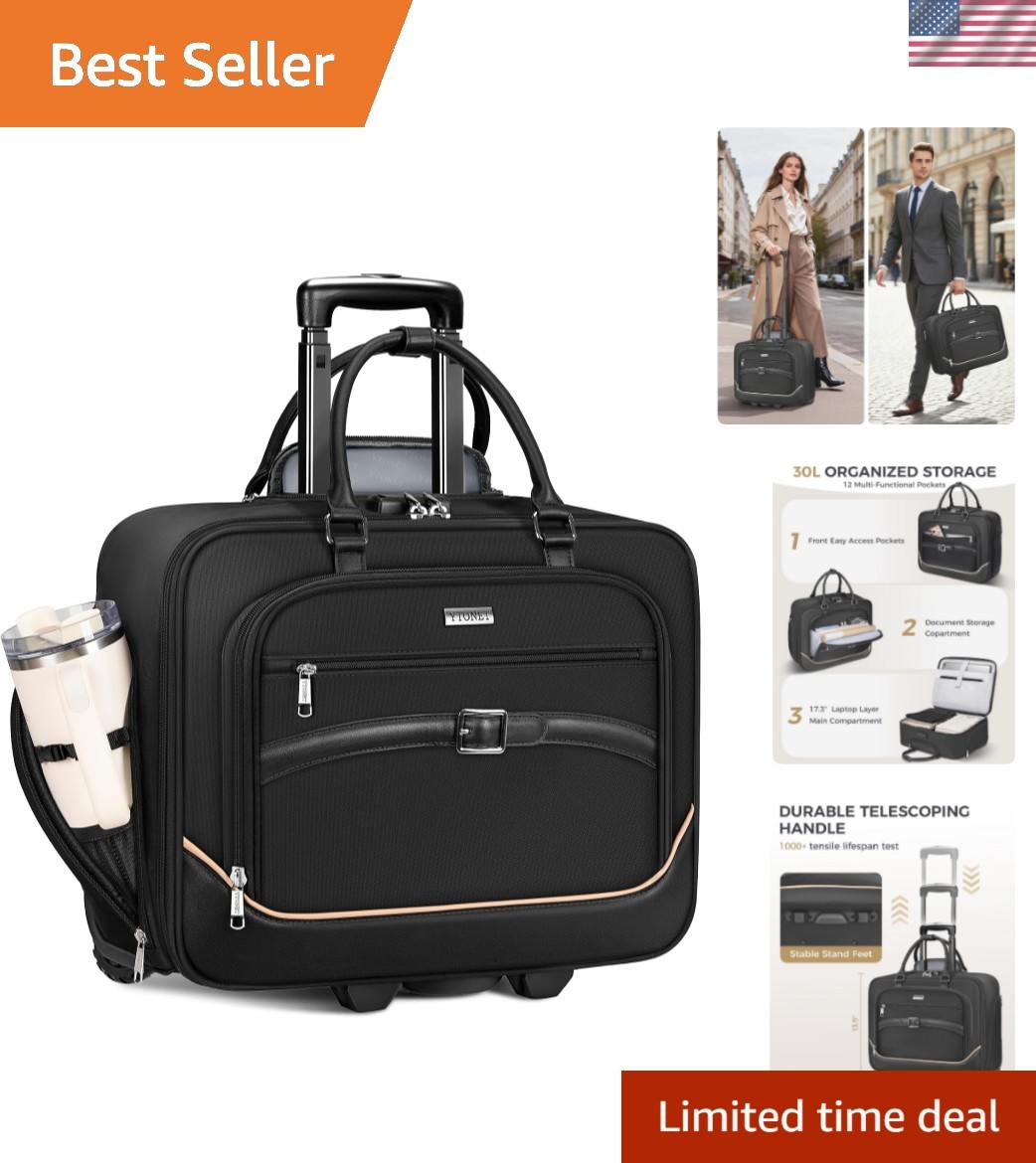 Stylish 17.3'' Rolling Briefcase - Lightweight, Water-Resistant & Secure Storage