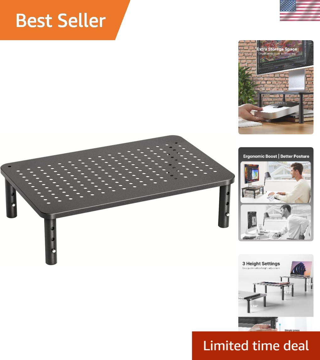 Sleek Black Monitor Riser with Airflow Vents and Storage Space - 44 lbs Capacity