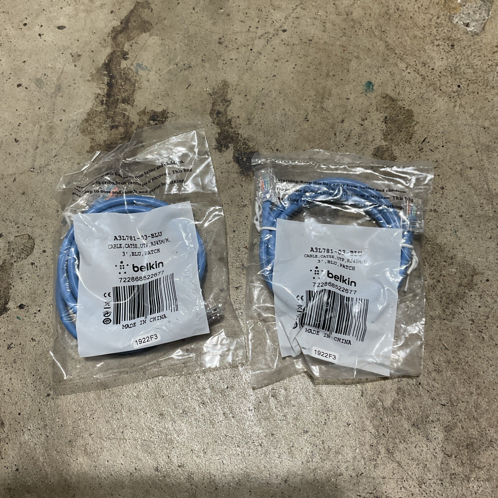 2x Belkin Cables A3l781-03-blu 3ft Cat5e Blue Patch Cable Rj45m/rj45m Non Molded