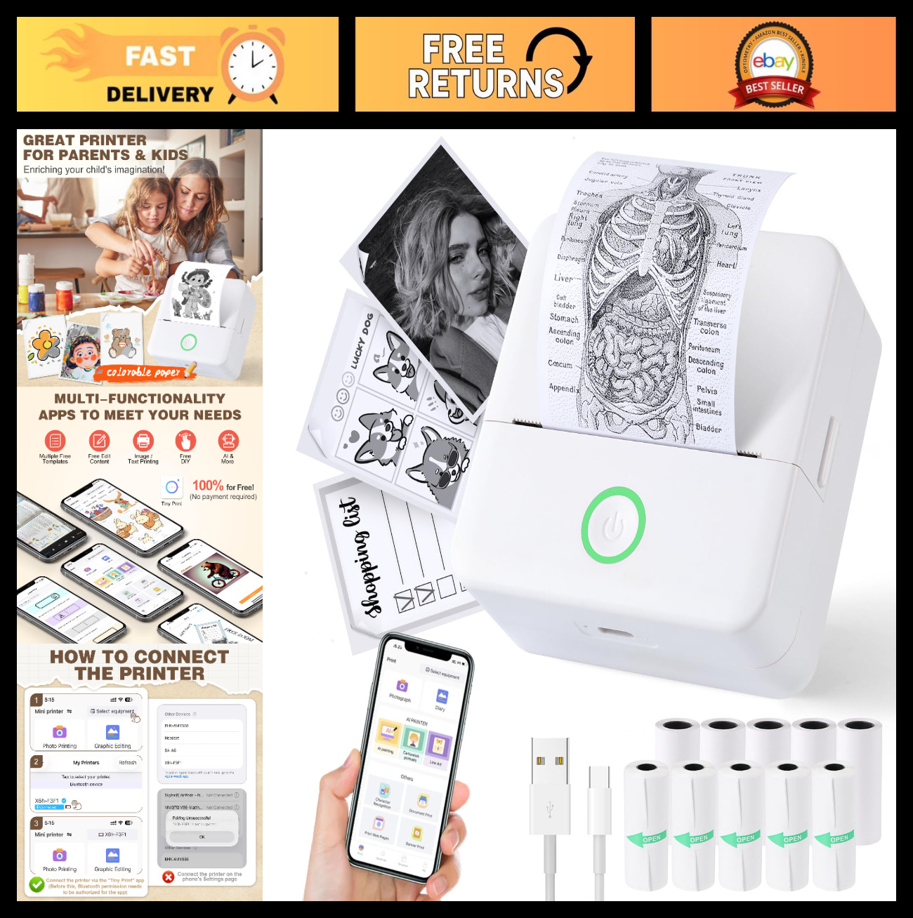 Mini Bluetooth Pocket Sticker Printer, X6 Print Pod, 10 Rolls Thermal Paper, DIY