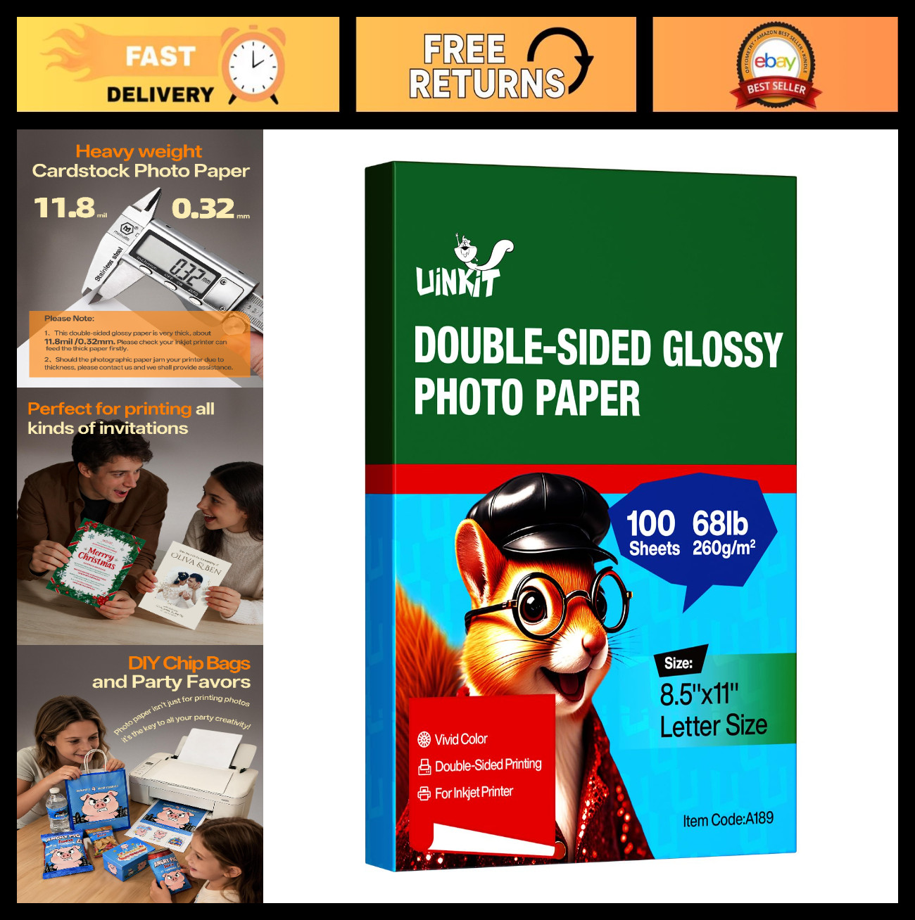Thick Glossy Double-Sided Photo Paper 100 Sheets 8.5x11" Heavyweight 68lb 260gsm