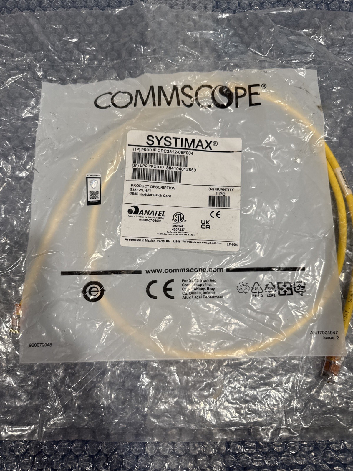 Commscope Systimax (1p)Prod ID CPC3312-09F004 GS8E-YL-4FT GS8E Modular Patchcord